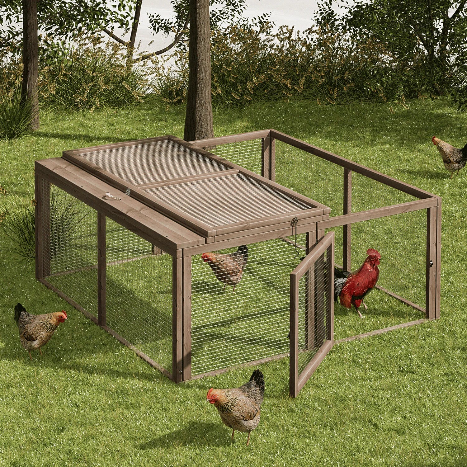 Chicken Coop Rabbit Hutch, 45.5" Wooden Chicken Run Hen House Duck Coop, Small Animal Poultry Cage Outdoor with Openable Roof and Side Door (Grey)